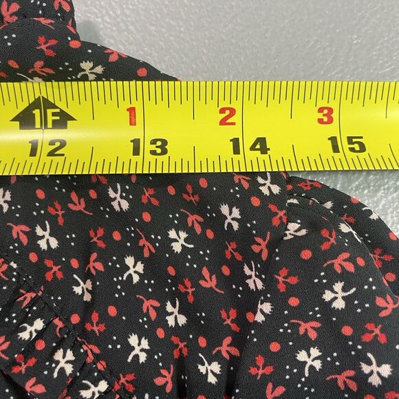 LOFT Blouse Floral Ruffle Trim V-Neck Puff Long Sleeve Pleated Womens S Black - Picture 5 of 13